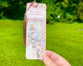 Alice in Wonderland collage bookmark, 2 sided classic Alice in Wonderland hand made collage bookmark with tassel