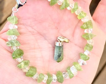 Peridot Pendant with Peridot and Herkimer Diamond Silver Clasp Bracelet Set Light Language Blessed