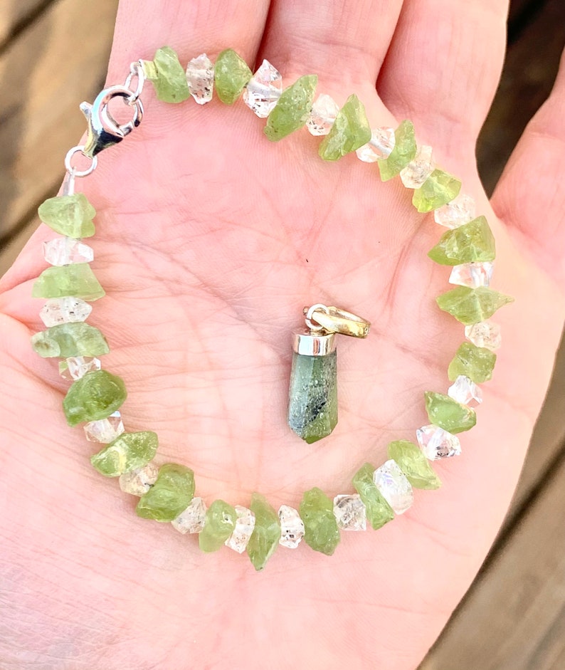 Peridot Pendant with Peridot and Herkimer Diamond Silver Clasp Bracelet Set Light Language Blessed