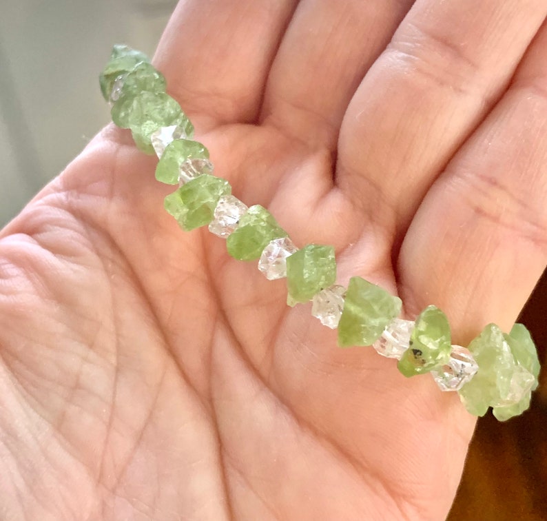 Peridot Pendant with Peridot and Herkimer Diamond Silver Clasp Bracelet Set Light Language Blessed