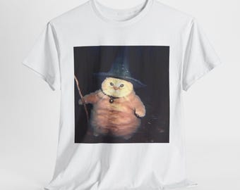 Cheeseball the Wizard Cat T-Shirt,Funny Fat Orange Cat Graphic Tee,Cute Magic Cat Design,Unique Gift for Cat Lovers & Fantasy Fans
