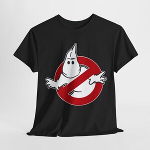 May include: Black t-shirt with a white ghost in a red circle with a diagonal line through it. The ghost has two eyes and a small mouth. The text "No Ghost" is not visible in the image.
