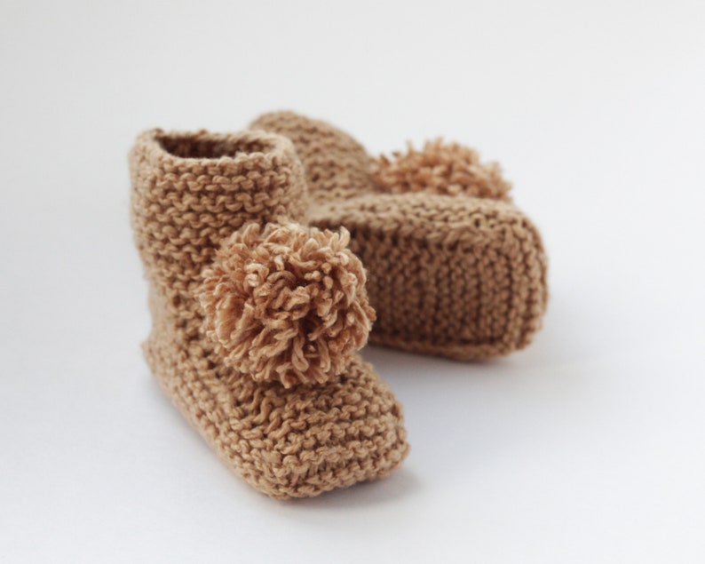 baby shower gift Beige hand knitted booties booties with big pom pom 6-12 months newborn socks baby boy and girl knit sock booties