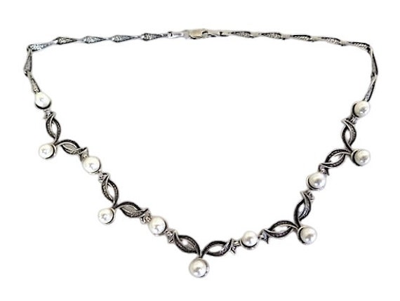 Sterling Silver Pearl Necklace Art Nouveau