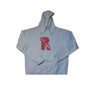 May include: White hooded sweatshirt with a red graphic of the letter "R" with a sword through it. The text "Friends of R" is in a circle around the letter.
