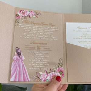 Convite Quinceañera, Convite Princesa em vestido rosa, Convite Acrílico Marmelo, Convite de aniversário, Envelope de bolso rosa blush em pó