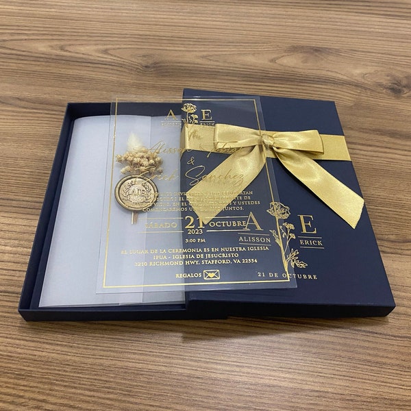 Boxed invitation, Navy blue boxed wedding invitation, Box with ribbon, Gold foil printed acrylic wedding invitation Boxed wedding invitation