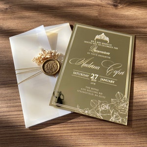 Spiegeleinladung, Goldspiegeleinladung, Quinceamaßaeinladung mit Goldspiegel, Quitteneinladung, Hochzeitseinladung, Weißdruck,