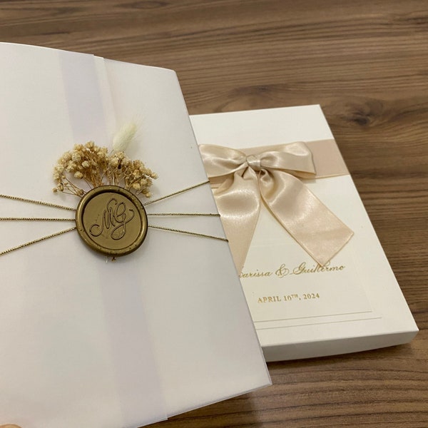 Invitation box with ivory ribbon. Wedding invitation. Wedding invitation with box, Parchment Wrap, Gold wax seal and dried flowers