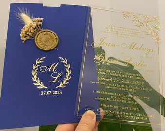 Faire-part de mariage en acrylique, faire-part de mariage, faire-part en acrylique transparent, faire-part imprimé en feuille d'or, enveloppe bleu royal, carte d'invitation