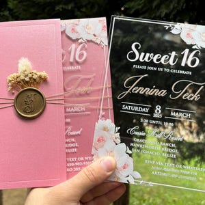 Sweet 16, Quinceaños, Quince Años, Mis 15 Años, Acryl Quitte Einladung, Acryl Geburtstagseinladung, Rosa Perle halber Umschlag, Wachs Siegel