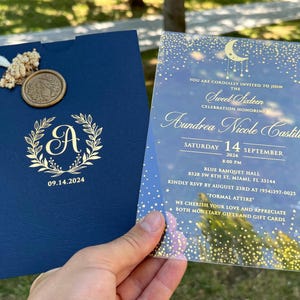 Invitación de quinceañera con temática de noche estrellada, invitación de noche estrellada, invitación de quinceañera, invitación de cumpleaños de acrílico transparente, sobre azul