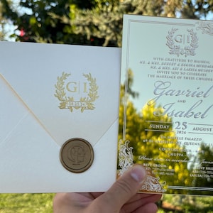 Gold gespiegelte Einladung, gespiegelte Hochzeitseinladung, Spiegeleinladung, Hochzeitseinladung, Champagner Perle Umschlag, Einladung, Wachs Siegel