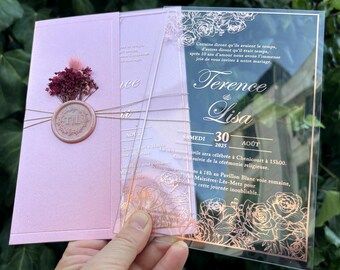 Rose Gold Foil Printed Acrylic Wedding Invitation, Pink Pearl Half