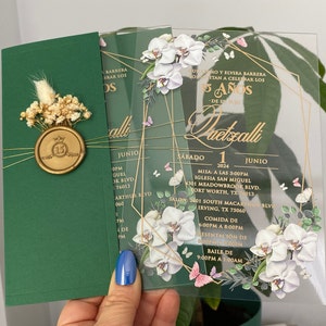 Orchid Floral Acrylic Quinceañera Invitation: Emerald Green Envelope
