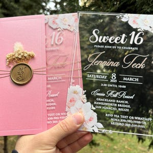 Sweet 16, Quinceañera, Quince Años, Mis 15 Años, Acrylic Quince invitation, Acrylic birthday invitation, Pink pearl half envelope, Wax seal