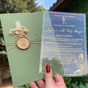 La princesse et la grenouille, invitation de quinceañera, invitation de quinceañera en acrylique, invitation de coing, carte d'invitation, demi-enveloppe verte