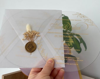 Round acrylic wedding invitation, Acrylic wedding invitation, Clear acrylic invitation, Wedding invitation, Invitation, Parchment envelope