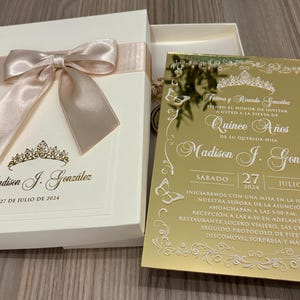 Gold Mirrored Quinceañera Invitation Boxed Set: Wax Seal & Dried Flowers