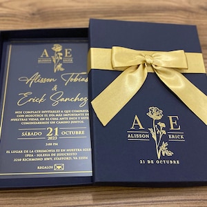 Invitación en caja, Invitación en caja azul marino, Invitación de boda, Caja con cinta, Invitación de boda acrílica, Invitación de boda en caja