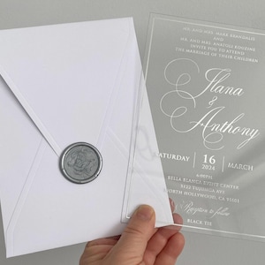 Acryleinladungen speziell für Ihre Veranstaltungen, Hochzeitseinladung aus Acryl, Silberfoliendruck, Weißer Umschlag, Wachssiegel
