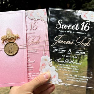 Sweet 16, Quinceañera, Quince Años, Mis 15 Años, Acrylic Quince invitation, Acrylic birthday invitation, Pink pearl half envelope, Wax seal