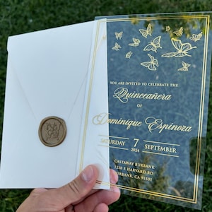 Butterfly Acrylic Quinceañera Invitation: Gold Foil, Ivory Envelope