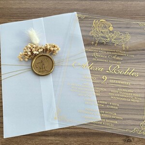 仮面舞踏会、アクリル製キンセアニェーラ招待状、金箔プリントの誕生日招待状、透明アクリル招待状、キンセ招待状、招待状