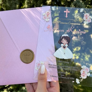 Primeira comunhão, Convite para batismo de menina, Primeira comunidade sagrada, Convite para batismo em acrílico, Batismo, Impressão UV, Envelope de pérola rosa