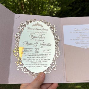 Gold Mirror Quinceañera Invitation: Blush Pocket Envelope