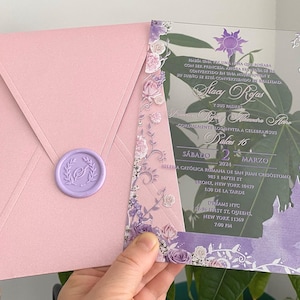 Faire-part Tangled, Quinceañera, Sweet Sixteen, Raiponce, enveloppe rose perle