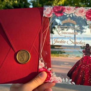 Rote Quitteseinladung, Quinceamaßa, Quitte Años, 15 Años, Sweet 16, Quinceaños-Einladung, Acryl-Geburtstagseinladung Roter Umschlag
