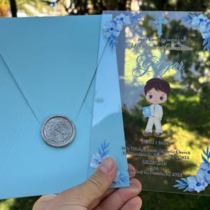 Primera comunion, Invito battesimo bambino, Prima santa comunità, Invito battesimo acrilico, Baptismo, Stampa UV, Busta blu, Sigillo di ceralacca