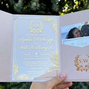 Hochzeitseinladung, Acryleinladung, Fotoeinladung, Fotokarte, Blush Pearl Tasche Umschlag, Antwortkarte, Fotokarte, Versand Umschlag
