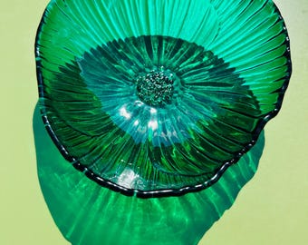 Glass flower fused glass art bowl, Emerald Green.