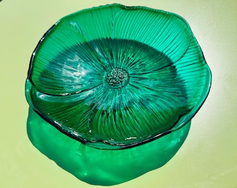 Glass flower fused glass art Large bowl, Emerald Green.