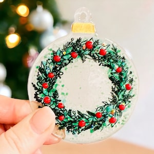 Christmas wreath bauble decoration, fused glass Christmas tree  red berry decoration, Christmas gift.