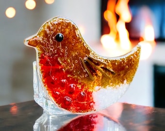 Portavelas de vidrio fundido con forma de petirrojo: decoración de mesa hecha a mano