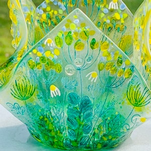 Yellow flower glass tea light holder, glass art, gift for mum.