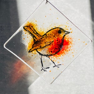 Fused Glass Robin, Robin hanging decoration.