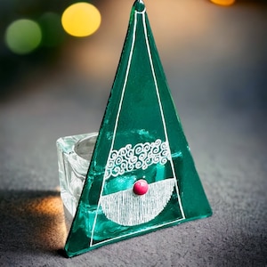 Fused glass Christmas Gonk tealight holder, Christmas table decor.