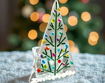 Christmas tealight  decoration,  Multi colour glass Christmas tree tea light holder.