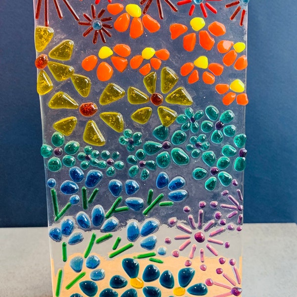 Fused glass kit, Glass panel in hardwood base, flower, feather or design your own.