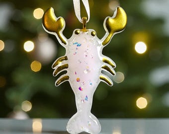 Fused Glass Lobster Christmas Ornament, Dichroic Crystals, Gold Detail