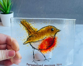 Remembrance robin fused glass curve, personalised glass robin , robins appear when loved ones are near, Robin gift.