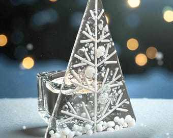 Christmas tealight decoration,  White sparkle fused glass Christmas tree tea light holder