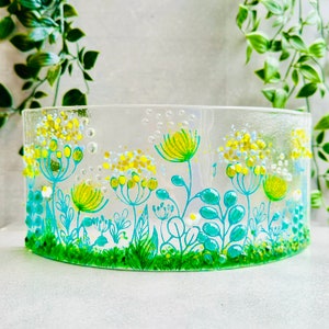 Glass art, Glass art curve, candle screen, yellow flower fused glass yellow flower, gift for her.
