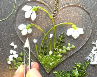 Fused Glass Snowdrop Heart kit. DIY Glass craft - Mothersday