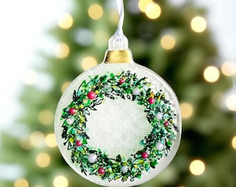 Pink Berry Wreath Glass Christmas Decoration, can be personalised.