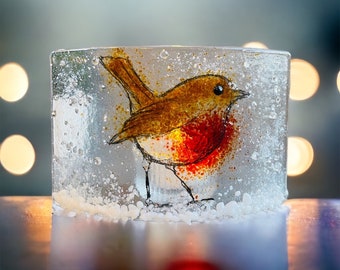 Courbe de verre Robin de Noël, verre, art du verre fondu, cadeau pour elle, décoration de la maison, cadeau pour maman, par Twice Fired